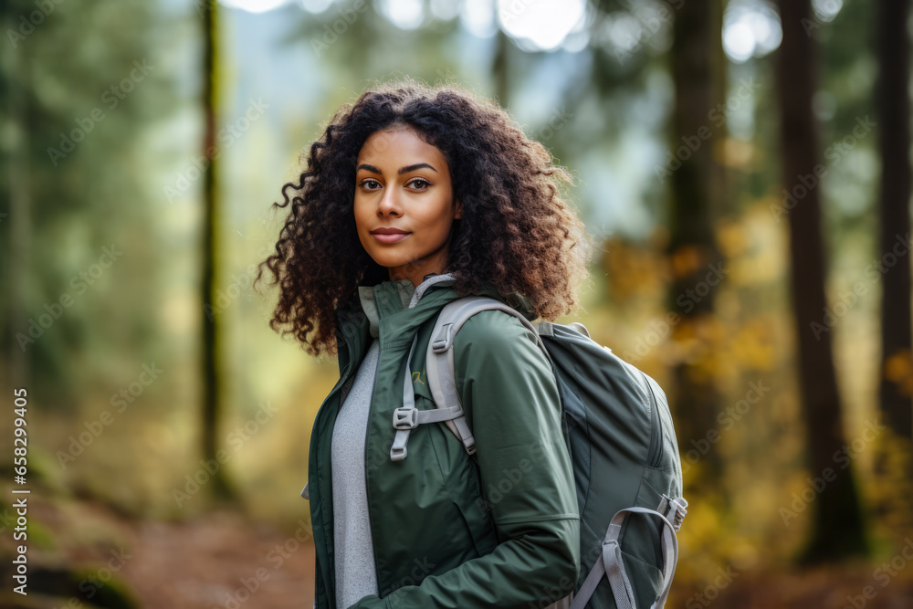 Wall mural young multiethnic woman hiking in the woods