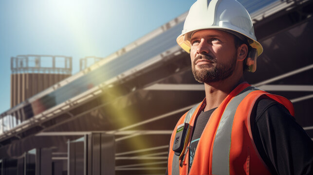 A construction worker poses by a solar panel, highlighting their role in renewable energy.
