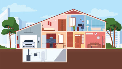 Residential building in section. The interior of the house with furniture. Different rooms, kitchen, bathroom, bedroom. Vector illustration