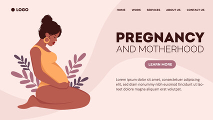 Banner, template of pregnancy and motherhood with text. Black pregnant woman motherhood support. Vector cartoon landing page