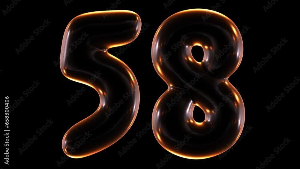 Poster loop animation of glowing number 58 in 3d rendering.