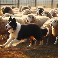 A border collie herding sheep on a farm - obrazy, fototapety, plakaty