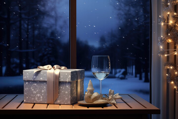 Christmas and New Year background - gift boxes, Christmas tree and wine glasses on the table. Snow falling background.