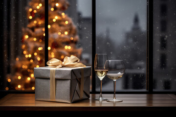 Christmas and New Year background - gift boxes, Christmas tree and wine glasses on the table. Snow falling background. - obrazy, fototapety, plakaty