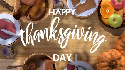 animated happy thanksgiving day with a background of various foods to celebrate thanksgiving day