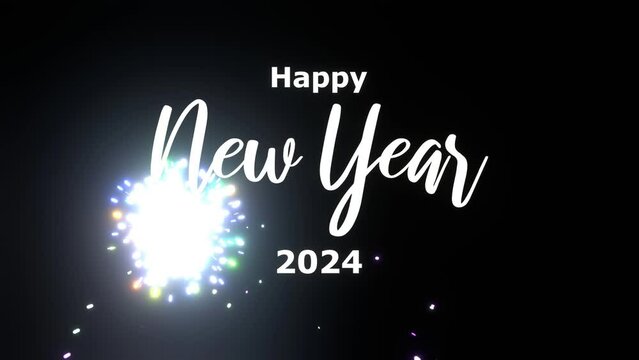 Celebrating happy new year 2024 animation text, colorful fireworks background