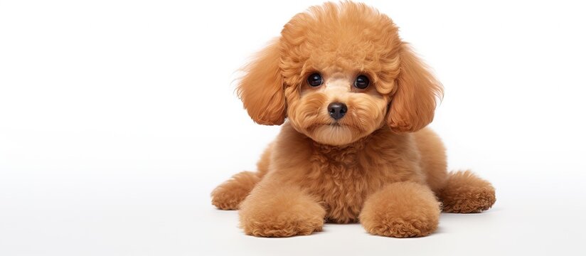 Stunning apricot toy poodle with a contemporary haircut set against a white backdrop