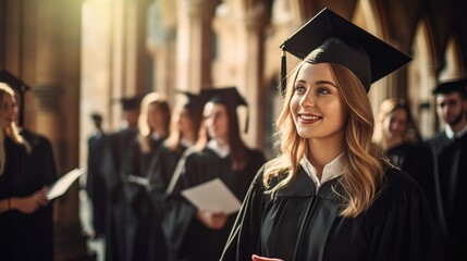 Fototapeta premium Educational: Group of friends studying at university doing activities together, graduating, graduating, receiving a certificate, college, university, starting education.