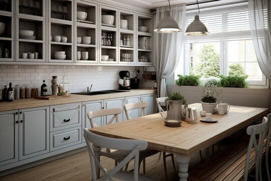 A modern kitchen has wooden countertops and wooden flooring, in the style of realistic lighting, pastel colours, grisaille, rendered in maya, light gray and white, bold structural designs, eclectic.