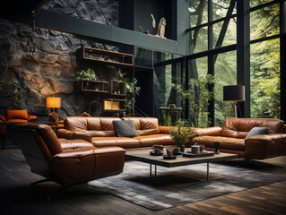 Large living room with modern interior design with leather sofas. 
