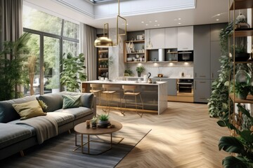 Scandinavian kitchen and living room with elements of gold details, green plants, sofa, cooking area, TV, huge window