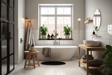 Cozy white and wood bathroom interior. Bathtub, towels and other personal bathroom accessories. Modern glamour interior concept. Small window. Template.
