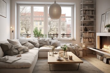 Modern stylish living room with large windows and beige sofa on the background of brown wall with...