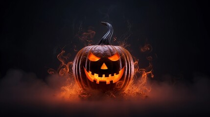 Ein gespenstischer gruseliger Halloween Kürbis mit geschnitztem Gesicht.