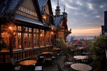 Beautiful view of the town with roof top restaurant or cafe . Old architecture  - obrazy, fototapety, plakaty