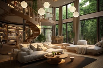 Pendant lights hanging on ceiling in modern kitchen and cushions arranged on sofa in living room, large windows and beautiful forest view . spiral staircase to the second floor of a new unique house.  - obrazy, fototapety, plakaty