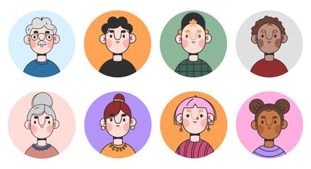 Group abstract people.faces of young and elderly people. Portraits of different happy men and women of different races and ages. A set of user profiles. Colorful flat vector illustration