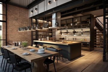 Fototapeta na wymiar A loft-style restaurant, where industrial aesthetics blend seamlessly with fine dining. Exposed beams and brick walls create an intimate ambiance, while chic tables offer an elegant dining experience.