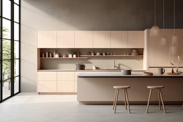 Side view on stylish, sunny kitchen area with modern white kitchen set and furniture, stylish lamp from top, wooden floor and city view from window. 3D rendering