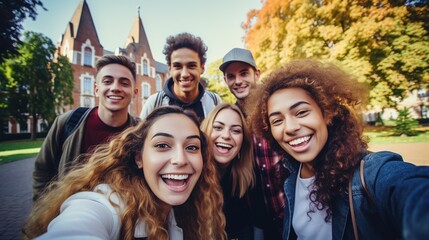 Education: Group of friends studying at university doing activities together, selfies, college, university, starting their studies.