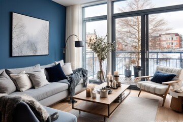 Fototapeta premium Modern living room with expansive windows and a chic blue-accented sofa. This elegant space seamlessly fuses the indoors and outdoors, providing a harmonious mix of comfort and style.