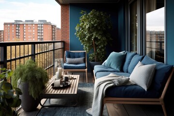 Nice modern balcony with rattan corner sofa and coffee table and synthetic grass on the floor