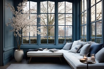 Imagine a veranda with vast windows and a stylish blue-themed sofa. This cozy space seamlessly merges indoor and outdoor living, offering a perfect blend of comfort and elegance. - obrazy, fototapety, plakaty