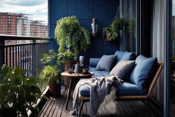 Step onto the veranda with expansive windows and a chic blue-accented sofa. This elegant space seamlessly fuses the indoors and outdoors, providing a harmonious mix of comfort and style.