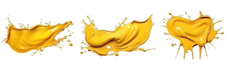 mustard splash with droplets and bubbles, isolated on a transparent background in PNG format. Mustard is flowing.