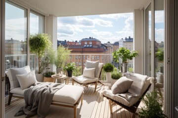 Beautiful decorated balcony with wicker furniture, white pillows and many decorative plants