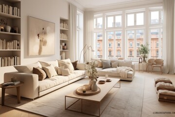 Fototapeta premium New modern living room with large windows and comfortable sofa, coffee table, plants , wooden floor in big apartment after renovation . Beautiful visual 