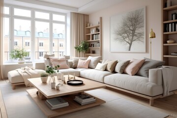 Scandinavian-style studio apartment, where minimalism meets coziness. Bright and functional space with a serene atmosphere, perfect for modern living. - obrazy, fototapety, plakaty