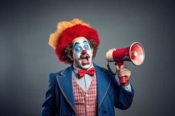 businessman clown with loudspeaker on white