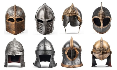 Realistic medieval and antique helmets. Armored 3d headdress with visor and protective plates made of metal and bronze with chain mail ornament - obrazy, fototapety, plakaty