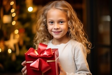 Fototapeta na wymiar Portrait of a cute little girl holding a gift box in front of a Christmas tree