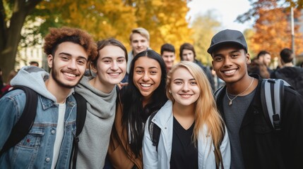 Young people of various cultures smile at the camera. University students stand together on a college campus. Happy friends having fun together on a college campus. Friendship and way of life. - obrazy, fototapety, plakaty