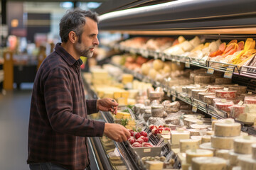 A man standing in front of a display case filled with cheese in grocery store. - obrazy, fototapety, plakaty