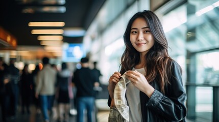 Finance and Shopping: Young woman holding hand full of cash, Portrait of beautiful young woman standing near ATM, Happy wow five bill, Shopping Mall background. - obrazy, fototapety, plakaty