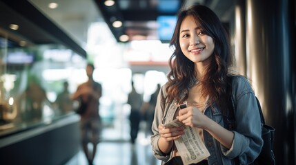 Finance and Shopping: Young woman holding hand full of cash, Portrait of beautiful young woman standing near ATM, Happy wow five bill, Shopping Mall background. - obrazy, fototapety, plakaty