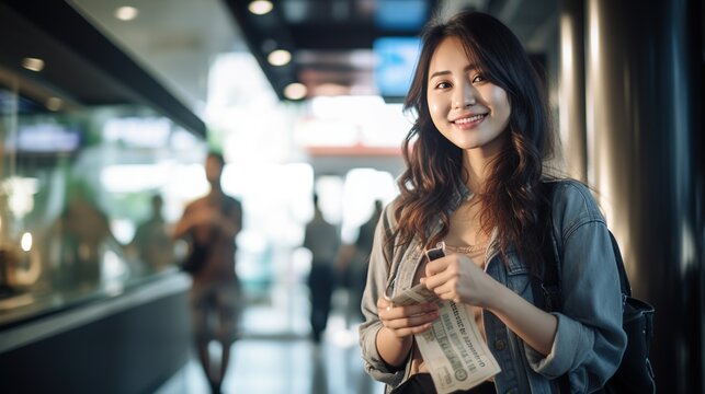Finance and Shopping: Young woman holding hand full of cash, Portrait of beautiful young woman standing near ATM, Happy wow five bill, Shopping Mall background.