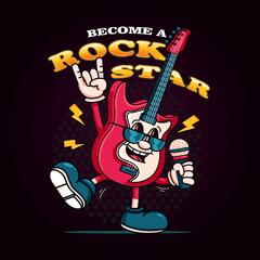 Electric guitar becomes a rock star. Great for logos, mascots, t-shirts, stickers and posters