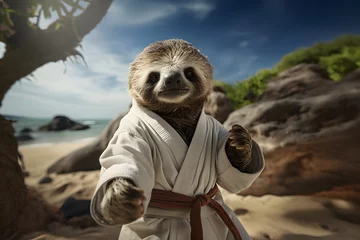 Zelfklevend Fotobehang Image of funny sloth in karate uniform at beach. © mitarart