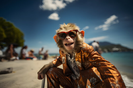 Image of funny monkey in disco fashion style suit, full body shot, at beach. summer vacation.