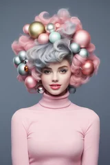 Portrait of a cute curly shade girl with christmas balls in her hair. Creative concept of christmas. © SOLDATOOFF