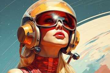 Futuristic portrait of a girl on the background of earth and space in watercolor style.