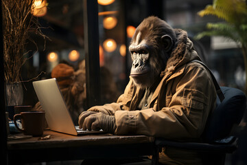  Image of gorilla wearing fashionable clothes, using computer at caffe. - obrazy, fototapety, plakaty