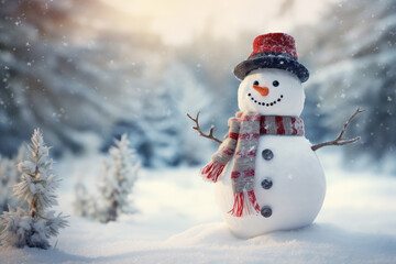 Merry christmas and happy new year greeting card with Happy snowman standing in christmas landscape, pine tree, pine leaf. Snow background. Copy space. - obrazy, fototapety, plakaty