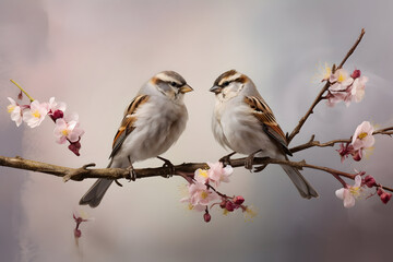 Fototapeta premium Small Sparrows Perched on Branches, Enjoying the Nectar of Tiny Flowers