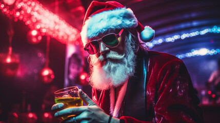 Portrait of santa claus with glass of cocktail in nightclub