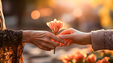 Fototapeta premium Older woman handing a flower to a young woman. Hands of a grandmother giving a flower to her granddaughter. Concept of old age and youth. Generative ai